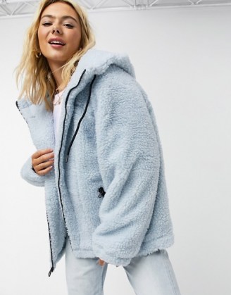 ASOS DESIGN oversized borg hero bomber jacket in baby blue / textured jackets / casual winter outerwear - flipped