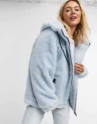 ASOS DESIGN oversized borg hero bomber jacket in baby blue / textured jackets / casual winter outerwear