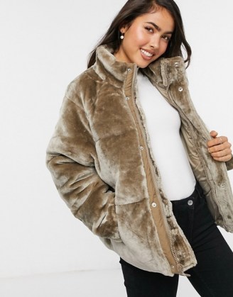 ASOS DESIGN plush faux fur puffer jacket in mink / luxe style casual jackets / winter outerwear - flipped