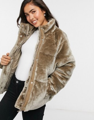 ASOS DESIGN plush faux fur puffer jacket in mink / luxe style casual jackets / winter outerwear