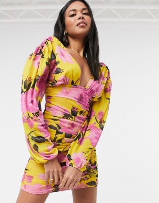 ASOS DESIGN ruched mesh plunge mini dress with long sleeves in bright floral print / plunging neckline dresses / going out fashion - flipped