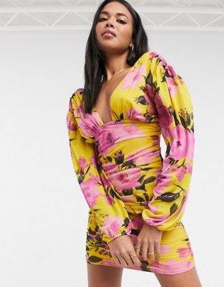ASOS DESIGN ruched mesh plunge mini dress with long sleeves in bright floral print / plunging neckline dresses / going out fashion