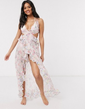 ASOS DESIGN ruffle chiffon dobby beach maxi dress in mixed spring floral print | plunging poolside dresses | ruffled beachwear - flipped