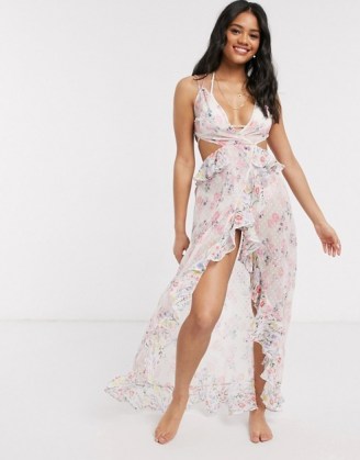 ASOS DESIGN ruffle chiffon dobby beach maxi dress in mixed spring floral print | plunging poolside dresses | ruffled beachwear
