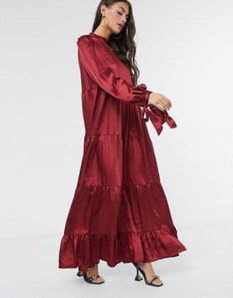ASOS DESIGN satin tiered maxi smock dress with tie sleeves in wine red ~ long party dresses - flipped