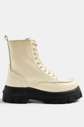 TOPSHOP AVA Ecru Leather Chunky Lace Up Boots / thick sole natural boots