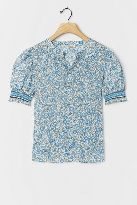Saison De La Fleur Miranda Blouse | short puff sleeve blouses | blue floral print tops - flipped