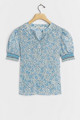 Saison De La Fleur Miranda Blouse | short puff sleeve blouses | blue floral print tops