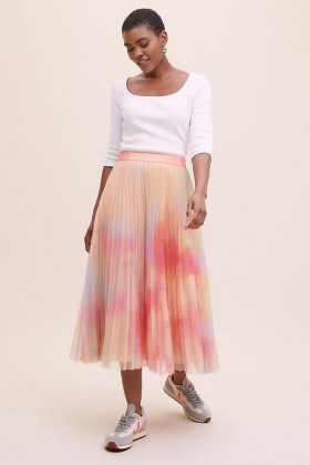 Geisha Designs Sela Tulle Midi Skirt Pink | pleated floaty style skirts