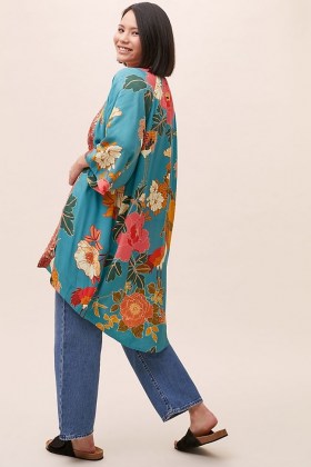 Kachel Floral Crane Kimono Blue Motif | bird and floral print kimonos - flipped