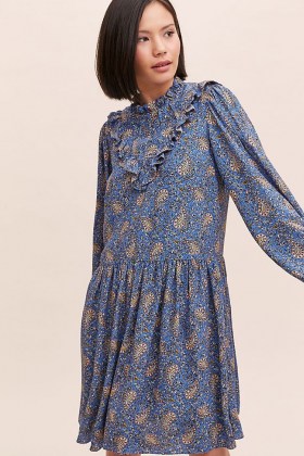 ANTHROPOLOGIE Maria Printed Tunic Dress Blue Motif / paisley print dresses / drop waist / front ruffle detail