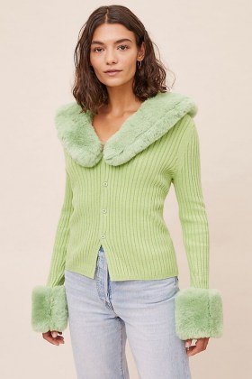 House of Sunny Peggy Cardigan Lime / green faux fur trim cardigans / glamorous knitwear / ribbed knits - flipped