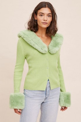 House of Sunny Peggy Cardigan Lime / green faux fur trim cardigans / glamorous knitwear / ribbed knits