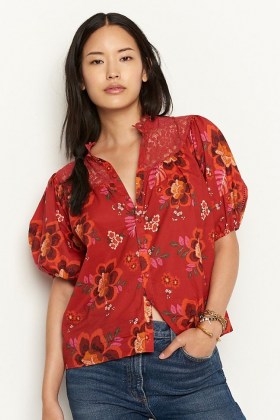 Farm Rio Giustina Lace Blouse / red floral puff sleeve blouses / lace detail tops - flipped