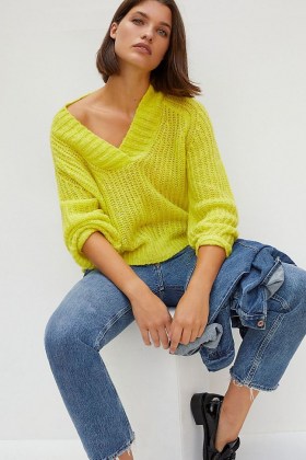 Anthropologie Honore Ribbed Jumper ~ bright yellow V-neck jumpers - flipped