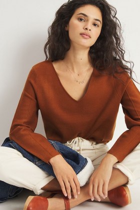 Maeve Lupita V-Neck Sweater in Cedar / brown sweaters - flipped