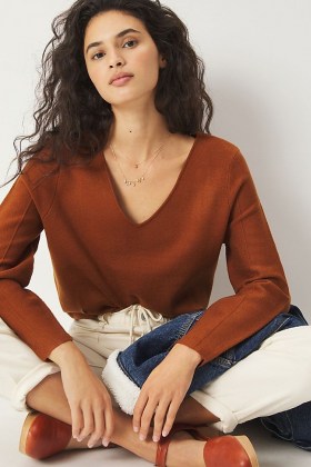 Maeve Lupita V-Neck Sweater in Cedar / brown sweaters