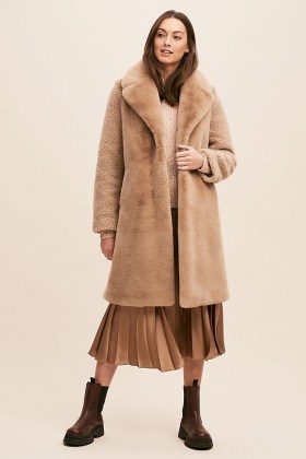 ANTHROPOLOGIE Ruby Panelled Fur Coat / neutral faux fur coats