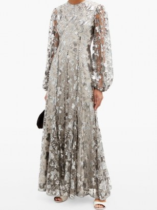 ERDEM Baba balloon-sleeve floral-embroidered tulle gown ~ metallic floral gowns ~ sheer sleeve event dresses - flipped