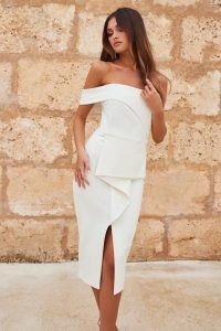 LAVISH ALICE bardot peplum midi dress in white | off the shoulder pencil dresses | glamorous party fashion