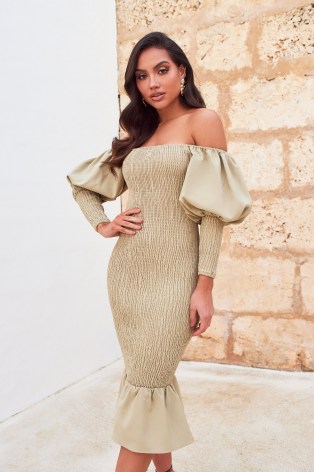 LAVISH ALICE bardot shirred midi dress in olive green – fitted off the shoulder dresses – fluted hemline – puff sleeve going out fashion - flipped