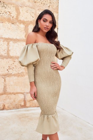 LAVISH ALICE bardot shirred midi dress in olive green – fitted off the shoulder dresses – fluted hemline – puff sleeve going out fashion