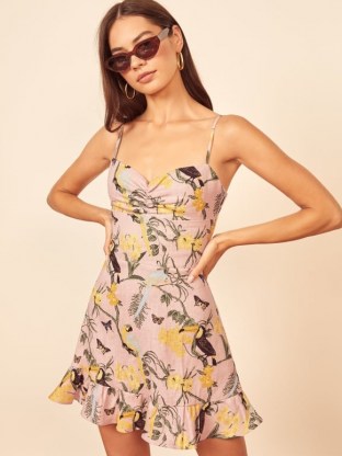 REFORMATION Baylor Dress / skinny shoulder strap dresses / tropical bird prints / floral print ruffle hem frock - flipped