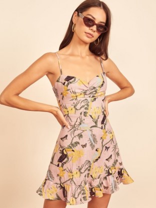 REFORMATION Baylor Dress / skinny shoulder strap dresses / tropical bird prints / floral print ruffle hem frock