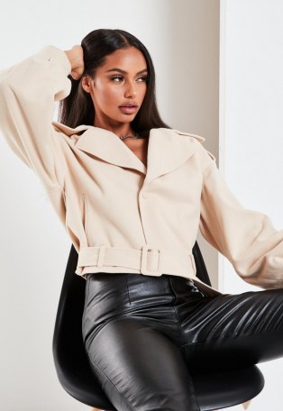 MISSGUIDED beige brushed crop trench coat | cropped coats - flipped