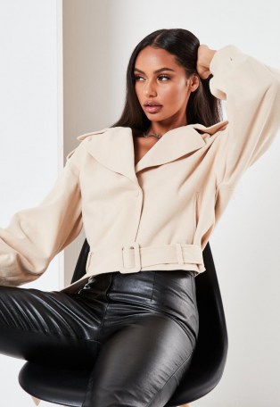MISSGUIDED beige brushed crop trench coat | cropped coats