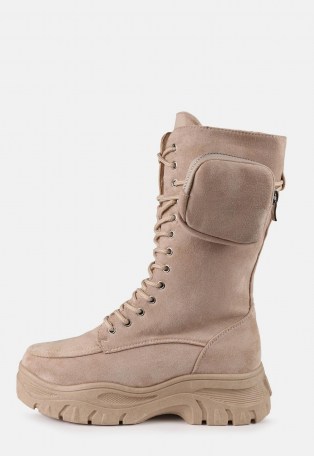 MISSGUIDED beige faux suede pocket ankle boots – chunky sole boots - flipped