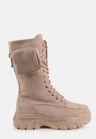 MISSGUIDED beige faux suede pocket ankle boots – chunky sole boots