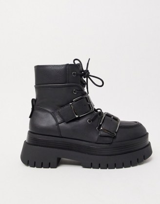 Bershka buckle detail chunky boots in black - flipped