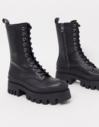 Bershka lace up biker boot with sole detail in black / textured chunky soles / combat boots - flipped