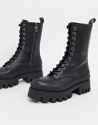 Bershka lace up biker boot with sole detail in black / textured chunky soles / combat boots