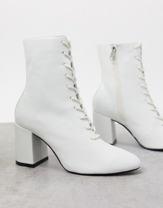 Bershka lace up heeled boot in white / block heel boots - flipped