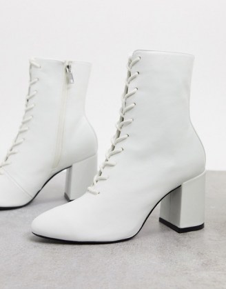 Bershka lace up heeled boot in white / block heel boots