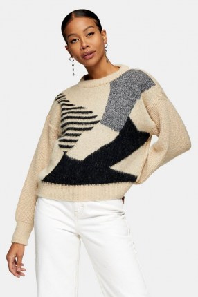 Topshop Black And White Abstract Geometric Brushed Jumper