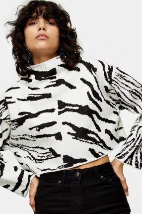 TOPSHOP Black And White Spliced Zebra Sweatshirt Monochrome / black and white animal print sweatshirts / crop hem high neck tops - flipped