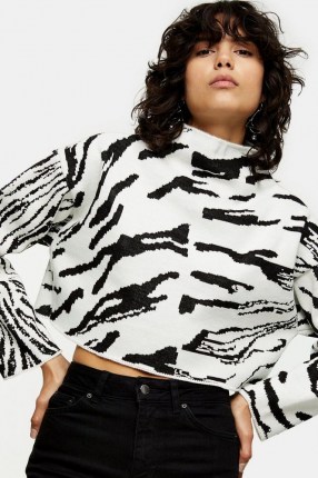 TOPSHOP Black And White Spliced Zebra Sweatshirt Monochrome / black and white animal print sweatshirts / crop hem high neck tops