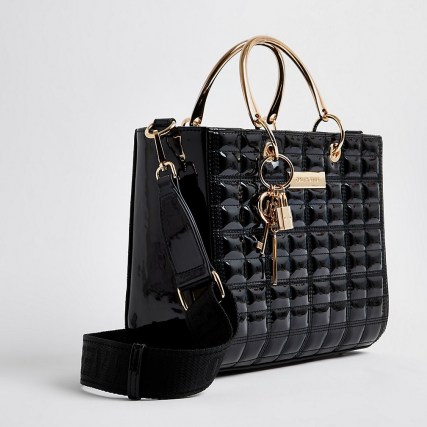 River Island Black boxy quilted tote handbag | grab handle bags - flipped