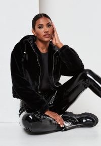 MISSGUIDED black faux fur hooded bomber jacket / casual jackets