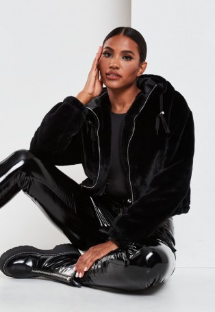 MISSGUIDED black faux fur hooded bomber jacket / casual jackets - flipped