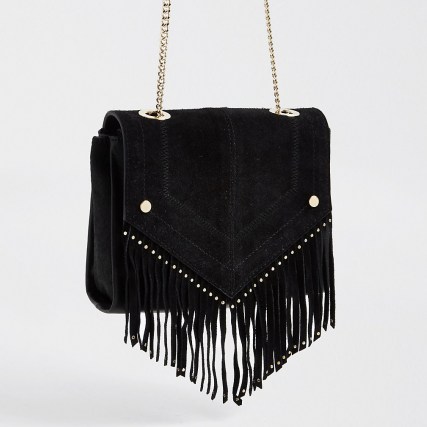 River Island Black leather studded fringe detail handbag | fringed chain strap bags | boho accessories - flipped