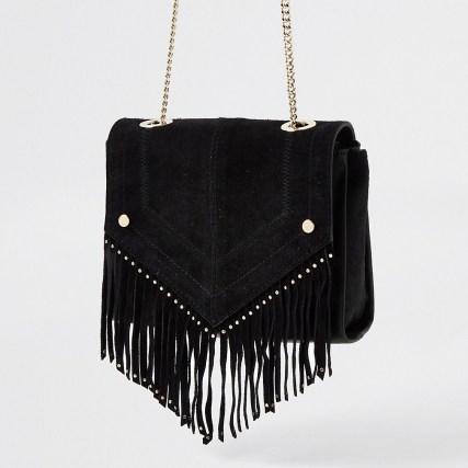 River Island Black leather studded fringe detail handbag | fringed chain strap bags | boho accessories