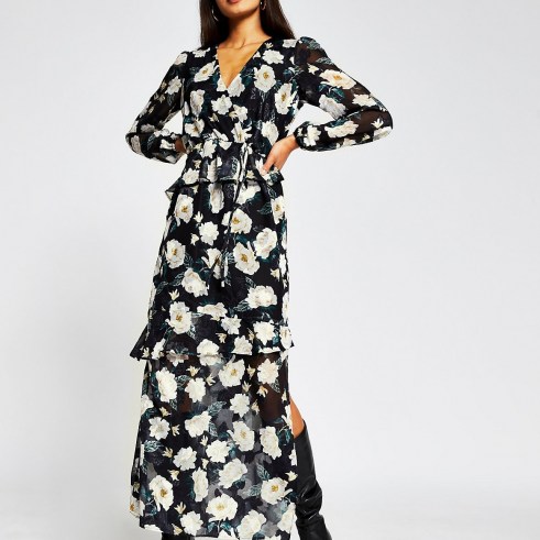 RIVER ISLAND Black long sleeve floral maxi dress / romantic flower print dresses