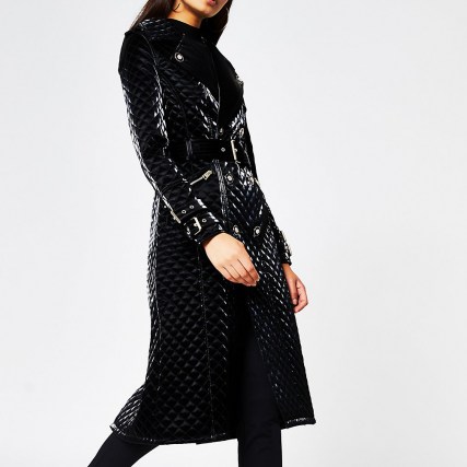 River Island Black long sleeve quilted Faux Leather Coat | glamorous trench style coats - flipped