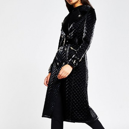 River Island Black long sleeve quilted Faux Leather Coat | glamorous trench style coats