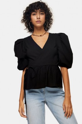 Topshop Black Stretch Wrap Top | puff sleeve tops - flipped
