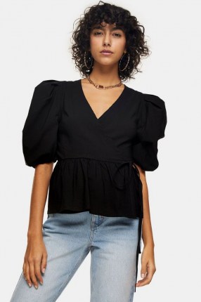 Topshop Black Stretch Wrap Top | puff sleeve tops